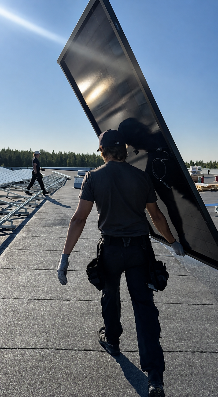 Jami Jokinen carrying a solar panel on an active installation site.